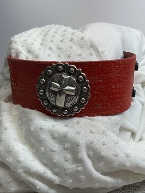 Red Women’s Leatherlike  Cuff Bracelet with Silver Cross Concho